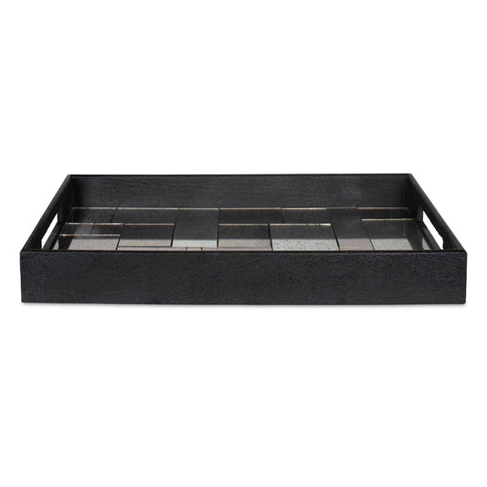 Elevate Your Hosting Experience With This Sleek Black Mango Wood Tray Featuring A Striking Antique Mirrored Mosaic Design. With Built-in Handles And A Contemporary Aesthetic, It's The Perfect Blend Of Function And Style For Any Space.