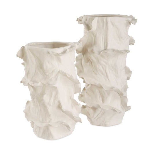 A Stunning Duo Of Sculptural Vases With Fluid, Ruffled Edges, Evoking The Beauty Of Natural Movement. Crafted In A Crisp White Finish, These Statement Pieces Bring An Artistic And Modern Touch To Any Space. Sizes: S-8x11x6, L-8x14x6
