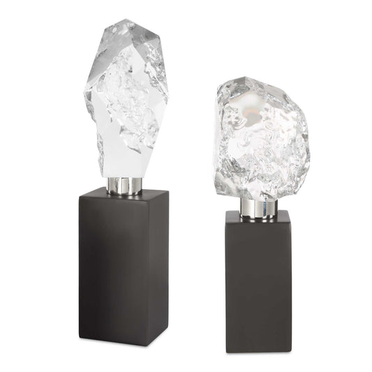 A Stunning Pair Of Modern Sculptures Featuring Raw, Faceted Crystal Formations Atop Sleek Black Bases With Polished Nickel Accents. These Striking Pieces Add A Touch Of Elegance And Contemporary Sophistication To Any Space, Reflecting Light Beautifully For A Mesmerizing Effect. Sizes: S-4x10x3, L-4x13x3