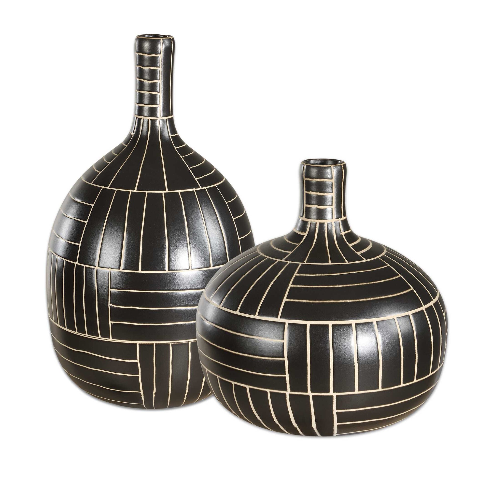 Elevate Your Home Decor With These Striking Black Ceramic Vases, Featuring A Sleek Geometric Design With Contrasting Ivory Lines. Perfect For Modern And Contemporary Spaces, These Handcrafted Statement Pieces Add Sophistication And Artistic Flair To Any Setting. Sizes: S-10x10x10, L-8x14x8