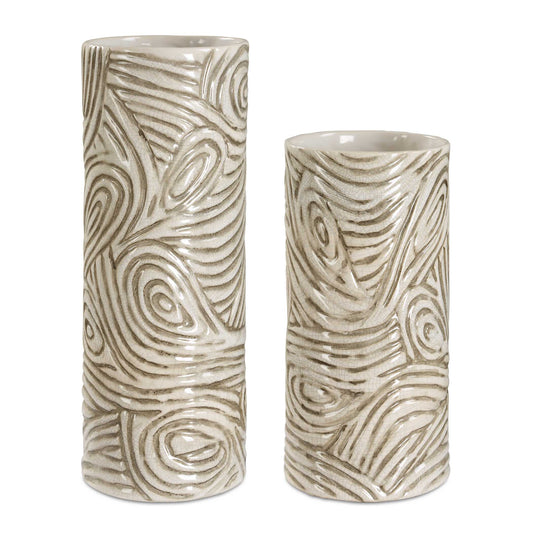 Add An Organic Touch To Your Space With These Elegantly Textured Ceramic Vases. Featuring An Intricate, Hand-carved Swirl Pattern In Earthy Tones, These Statement Pieces Blend Rustic Charm With Modern Sophistication. Perfect For Showcasing Florals Or As Standalone Decor. Sizes: S-6x12x6, L-6x16x6