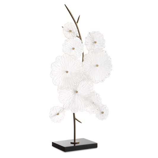 Add An Elegant Touch To Your Space With This Stunning Floral Sculpture. Featuring Delicate Glass Blossoms, Golden Stems, And A Sleek Black Marble Base. This Piece Exudes Sophistication And Charm.