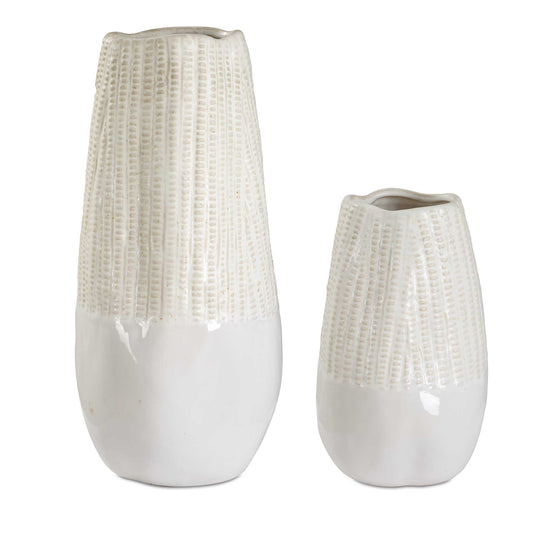A Stylish And Modern Ceramic Vase Set Featuring A Textured, Organic Design. The Neutral Tones Of White And Caramel Along With The Unique Woven-like Pattern Make It A Versatile Accent For Any Contemporary Or Rustic Space. Perfect For Displaying Florals Or As Standalone Sculptural Statement. S-6x9x6, L-7x15x7