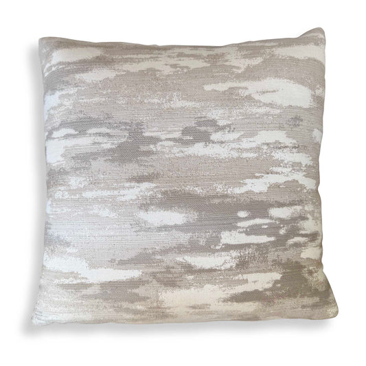 A Woven Depiction Of Abstract Waves In Warm Tones Of Flax, Putty, And Cream In Sunbrella Solution Dyed Acrylic. Complete With An Invisible Zipper And Filled With A Plush, Microdenier Polyester Inside A Water-resistant Casing. Made In The USA.
