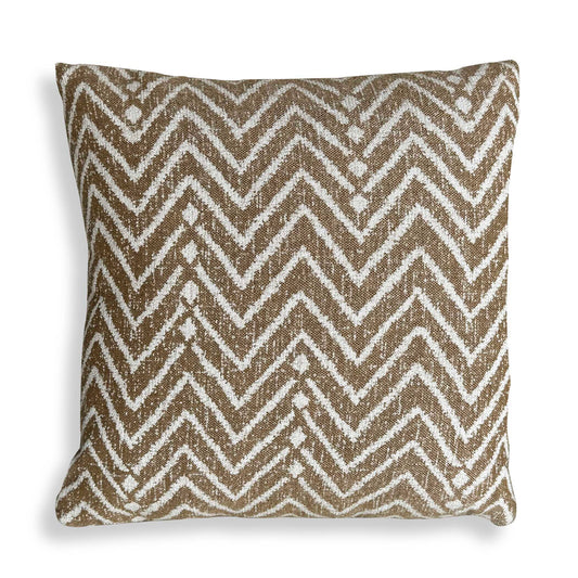 A Toffee Ground Showcases A Cream Tribal Geometric Inspired Pattern In Sunbrella Solution Dyed Acrylic. Complete With An Invisible Zipper And Filled With A Plush, Microdenier Polyester Inside A Water-resistant Casing. Made In The USA.