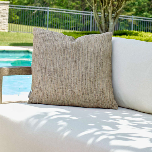 An Intricately Woven Blend Of Brown Tones Resembling Organic Rattan In Sunbrella Solution Dyed Acrylic. Complete With An Invisible Zipper And Filled With A Plush, Microdenier Polyester Inside A Water-resistant Casing. Made In The USA.