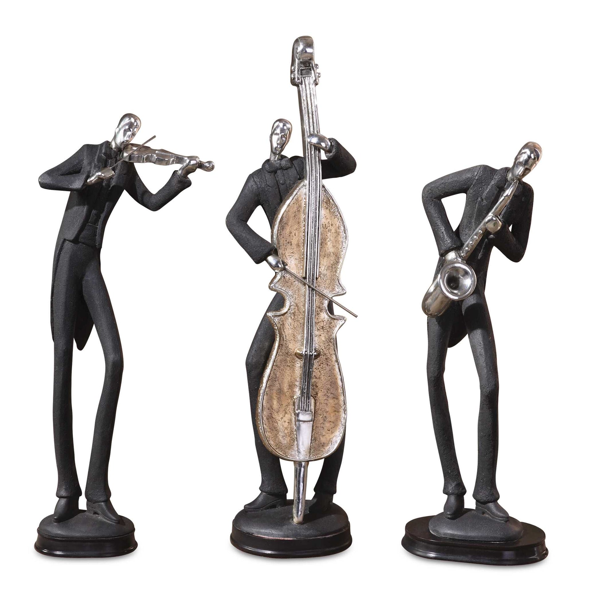 Slate Gray Figurines With Silver Plated Accents And Dark Chestnut Brown Bases.