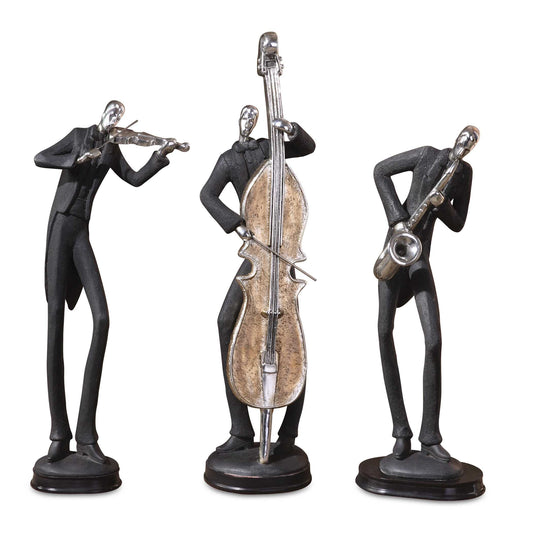 Slate Gray Figurines With Silver Plated Accents And Dark Chestnut Brown Bases.