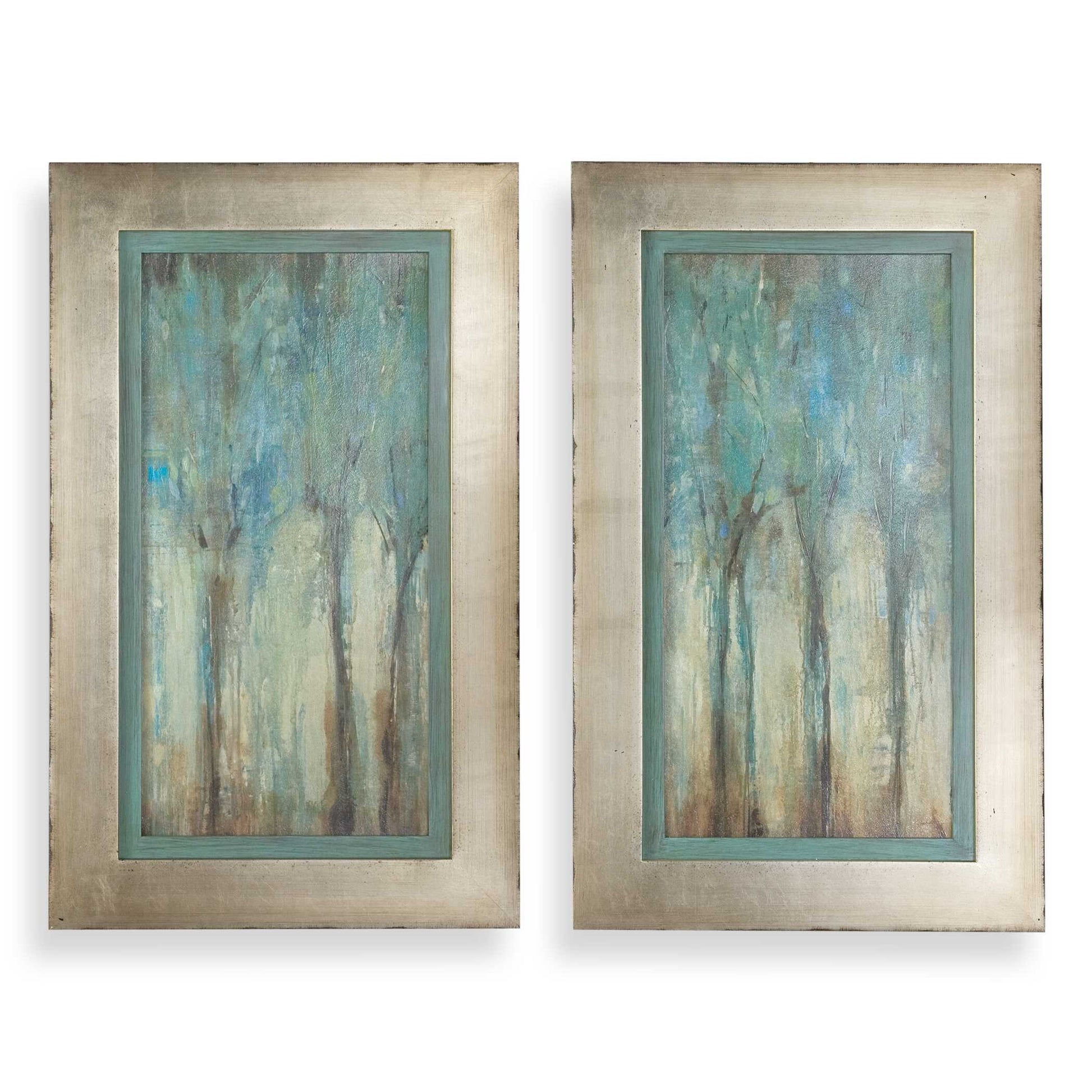 Silver Leaf Base With Heavy Champagne Wash, Edges Are Lightly Distressed And Accented With A Warm Sephia Color.  Inner Lip Of Frame Is Muted Aqua Blue Base With A Heavy Charcoal Glaze.