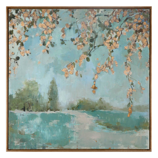 Hand Painted Canvas With A Gold Accented Frame With Pale Gray Undertones. The Leaves Are Gold Leaf Accents.