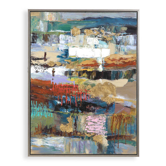Antiqued Silver Leaf Gallery Frame. Multi-color Composition With Gold Leaf Accents, Blue, Green, White, Canary, Flesh Tone, Deep Salmon Red Accent.