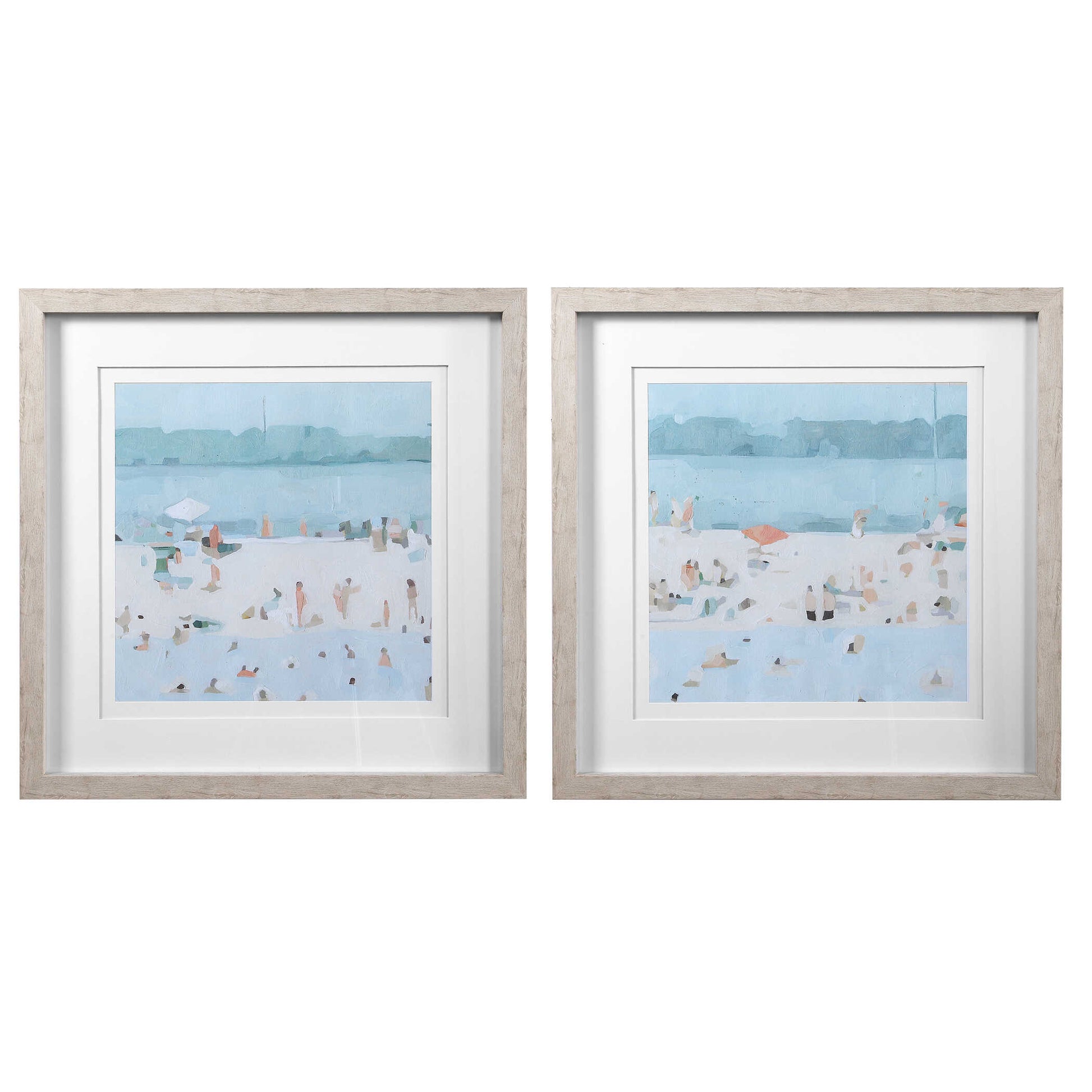 Beach Scene, Double White Mats, Light Driftwood Colored Frames, Light Blue, Blue, Teal, Tan, Peach, Charcoal, White, Beige