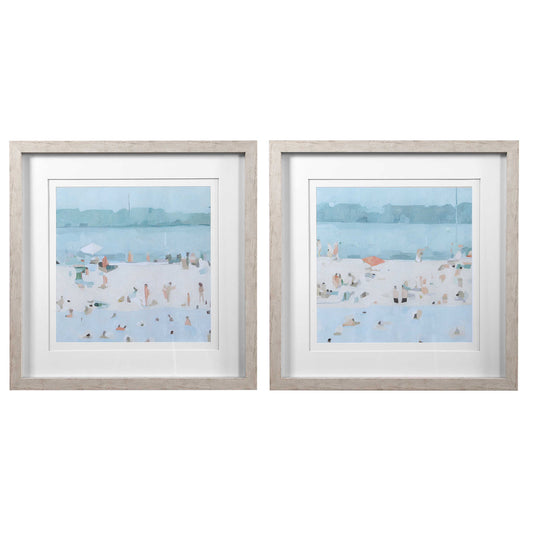 Beach Scene, Double White Mats, Light Driftwood Colored Frames, Light Blue, Blue, Teal, Tan, Peach, Charcoal, White, Beige