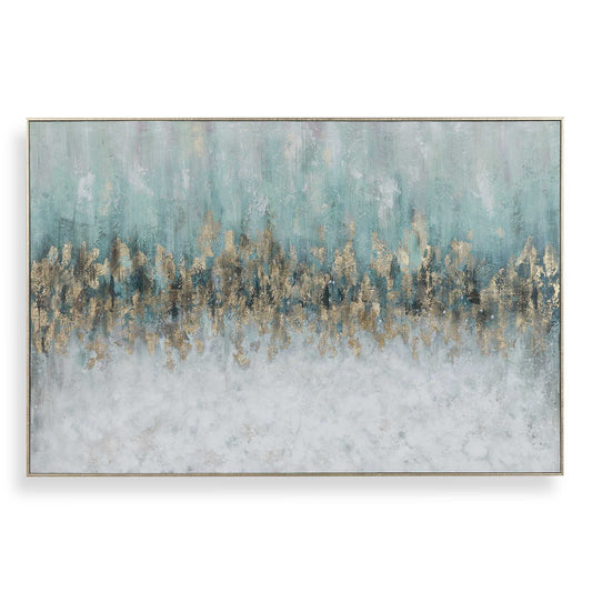 Gold Gallery Frame, Greens, Blues, Gray And White, Subtle Pink Highlights At Top And Metallic Gold Leaf Accents, Hang One Way