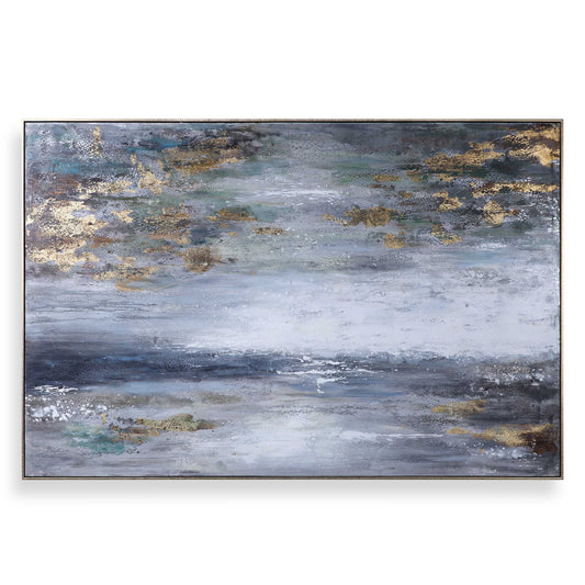 Gold Gallery Frame, Horizontal Only, Grays, White, Blue, Green Highlights, Some Browns With Gold Leaf Highlights