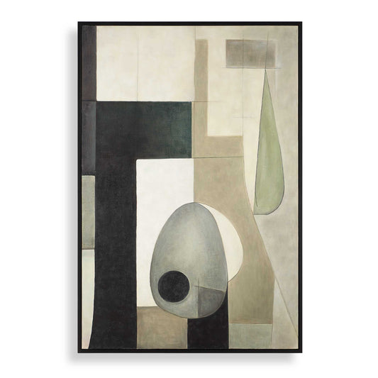 The Fair Trade Hand Painted Canvas Showcases A Geometric Composition In Muted Earth Tones Like Soft Greens, Beiges And Pewter. The Color Palette Provides Balance To The Bold Nature Of The Design, Making It An Ideal Piece In Virtually Any Space. A Slim, Black Wooden Frame Completes The Artwork. May Be Hung Horizontal Or Vertical. Due To The Handcrafted Nature Of This Artwork, Each Piece May Have Subtle Differences.