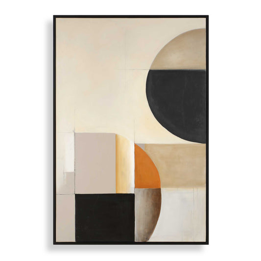 This Hand Painted Canvas Showcases Large Geometric Shapes, Layered And Overlapping One Other. Different Shades Of Gray Are Complemented By Pops Of Sienna On An Ivory Background. A Black Gallery Frame Surrounds The Abstract Artwork. Due To The Handcrafted Nature Of This Artwork, Each Piece May Have Subtle Differences. This Piece May Be Hung Horizontal Or Vertical.