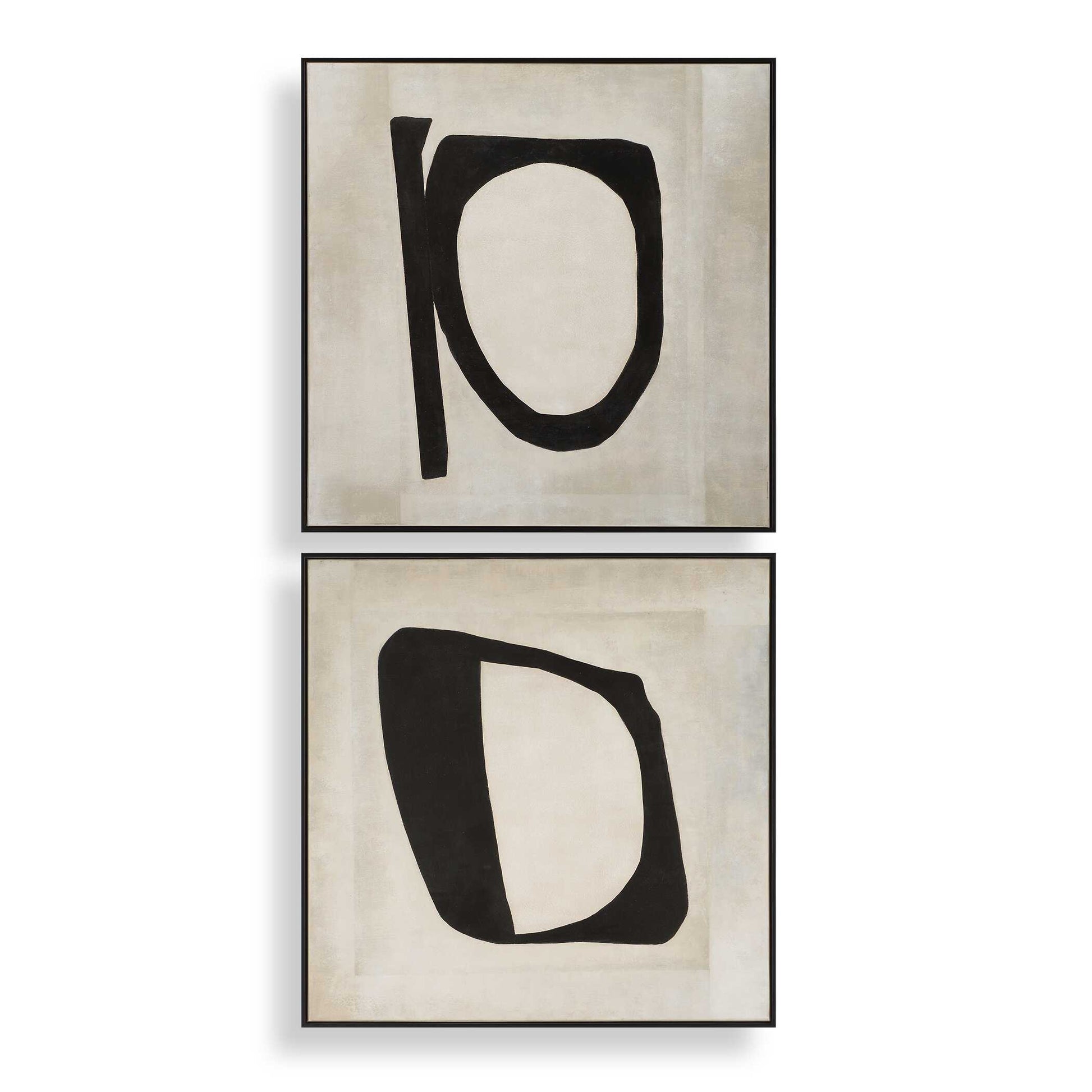 This Set Of Two Hand Painted Canvases Embody A More Mature Approach To A Monochromatic Palette. It Showcases A Background With A Mix Of Cream And White Hues, Accented By A Black Gallery Frame. Due To The Handcrafted Nature Of The Artwork, Each Piece May Have Subtle Differences. These Pieces May Be Hung Horizontal Or Vertical.