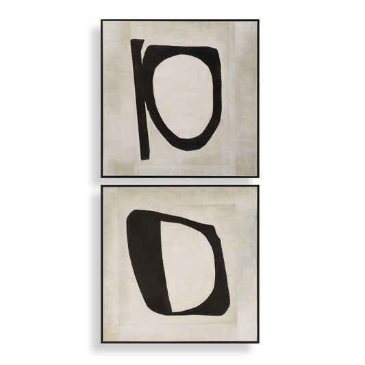 This Set Of Two Hand Painted Canvases Embody A More Mature Approach To A Monochromatic Palette. It Showcases A Background With A Mix Of Cream And White Hues, Accented By A Black Gallery Frame. Due To The Handcrafted Nature Of The Artwork, Each Piece May Have Subtle Differences. These Pieces May Be Hung Horizontal Or Vertical.