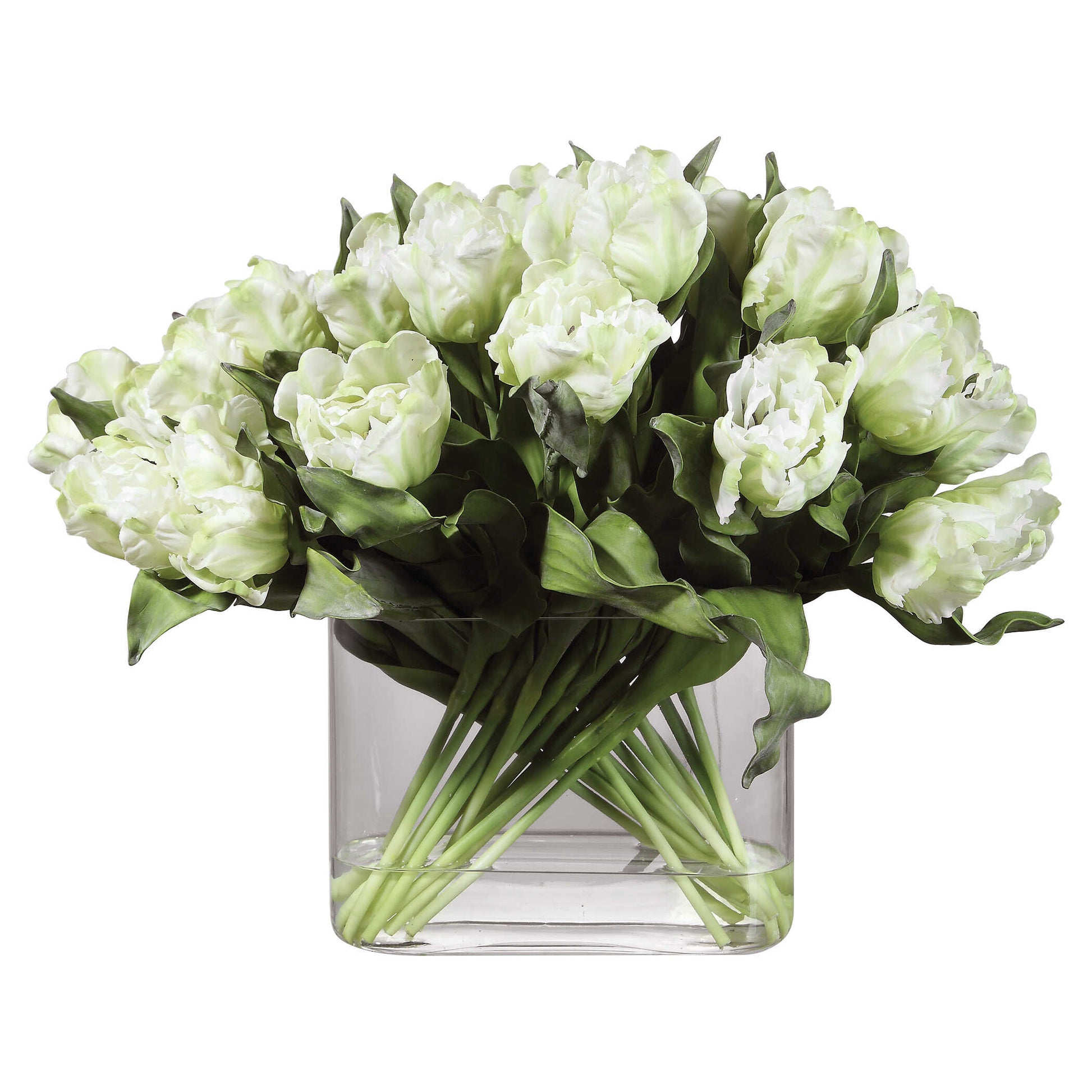 Featuring A Dramatic Spread Of White Tulips, Meticulously Placed Into An Oval Glass Vase Complete With Faux Water.