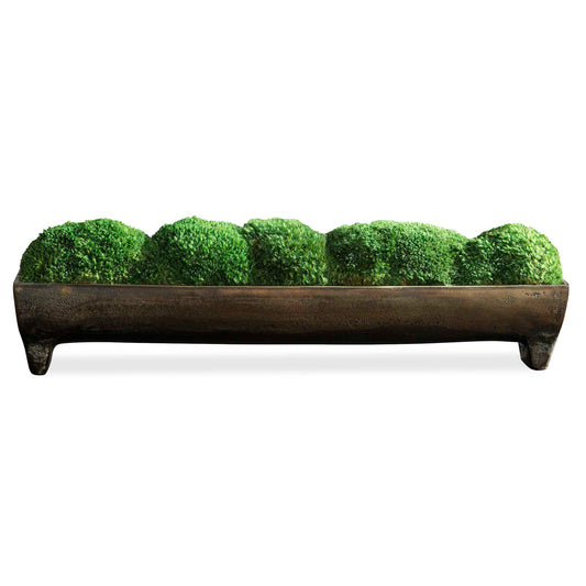 Perfectly Preserved Mounds Of Moss Are Placed Together In An Elongated Aluminum Footed Tray Finished In A Colorful Oxidized Bronze.