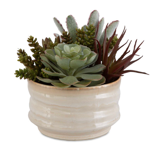 A Lush Blend Of Classic Echeveria And Sedum Succulents Creates The Perfect Versatile Accent In A Textured Tan, Glazed Ceramic Pot.