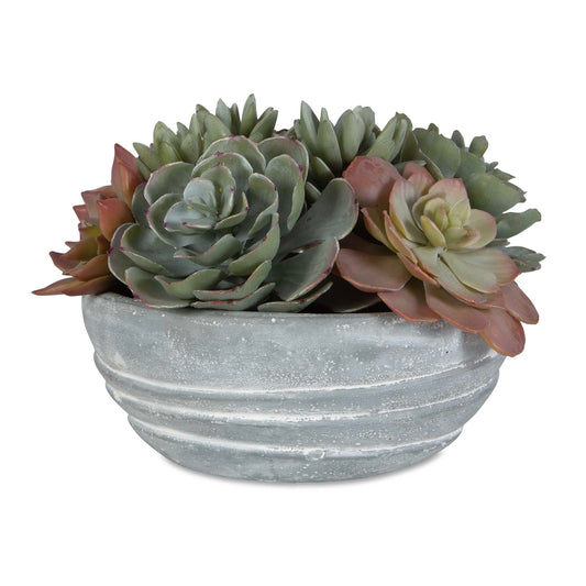 The Perfect Touch For A Bookshelf Or Nightstand, This Echeveria Succulent Garden Features Green And Burgundy Tones Nestled Into A Concrete Container With Asymmetrical Textured Accents.