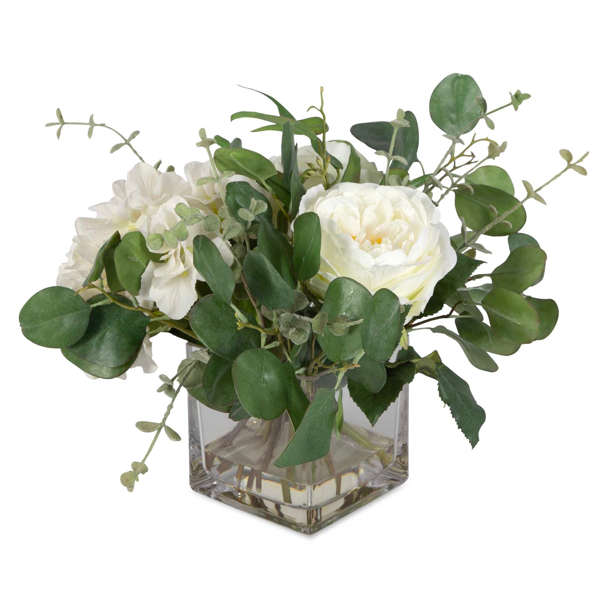 An Airy Mix As If Freshly Cut From The Garden, Featuring Cream Hydrangeas, Roses, Eucalyptus Placed Into A Glass Vase With Faux Water.