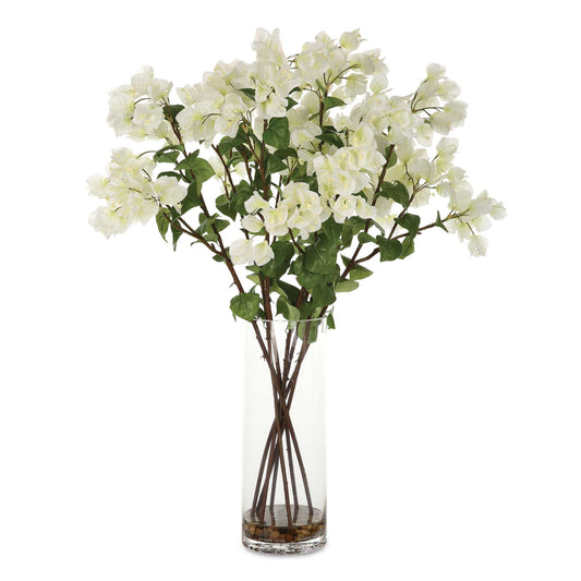 Effortlessly Arranged As If Freshly Cut, These Bougainvillea Branches Exemplify The True Characteristics Of Live Florals. Cream Blooms Are Accented By Natural Rocks In A Clear Glass Vase.