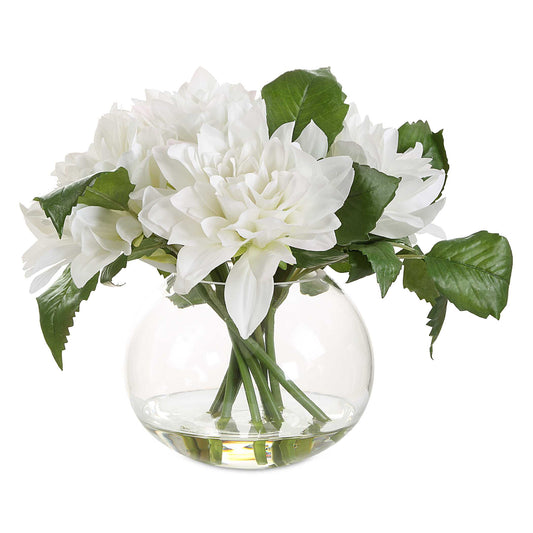 A Lush Bunch Of Pure White Dahlias In Clear Glass With Faux Water, As If Freshly Cut And Effortlessly Placed.