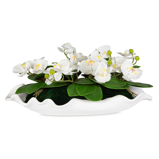 A Graceful Array Of Crisp White Orchids Are Displayed On A Bed Of Naturally Preserved Moss In A Ceramic Bowl With Organic Curved Edges, Creating A Feminine Look In Its Matte White Glaze.
