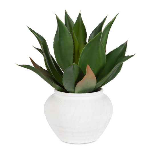 A Stunning Life-like Agave Is Paired Perfectly With An Off-white Sculptural Vase Displaying An Organic Etched Texture.