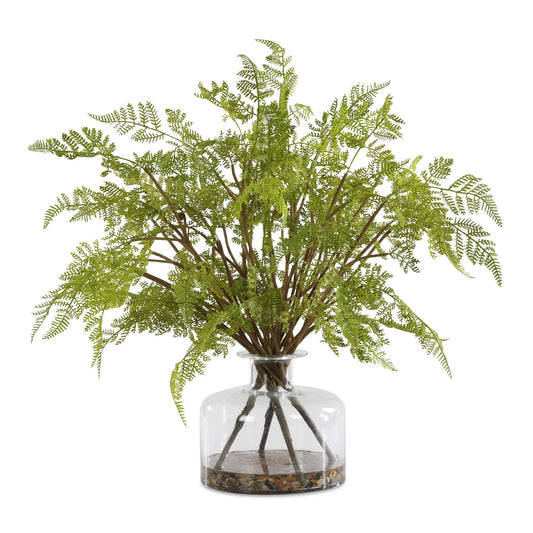 An Airy Bundle Of Lush Fern Fronds Are Effortlessly Placed Into A Clear Glass Medicine Jar With Natural River Rocks And Faux Water.
