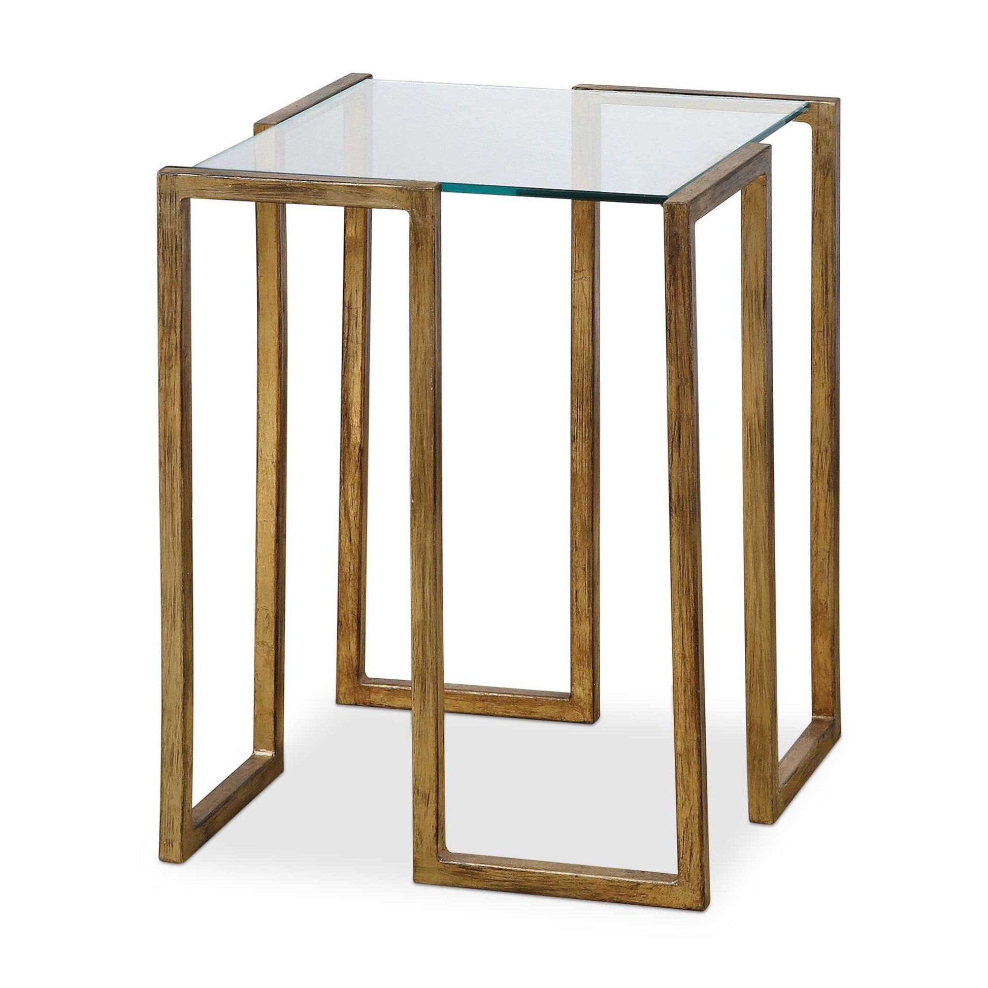 An Artful Accent Table Featuring A Contemporary Forged Iron Design Finished In Antique Gold Leaf With A Clear Tempered Glass Top.