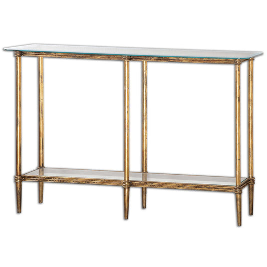Featuring Sophisticated Molding Details, This Elegant Console Table Has A Bright Gold Leaf Finish With Distressed Details Over A Cast Iron Framework With A Clear, Tempered Glass Top And Gallery Shelf.
