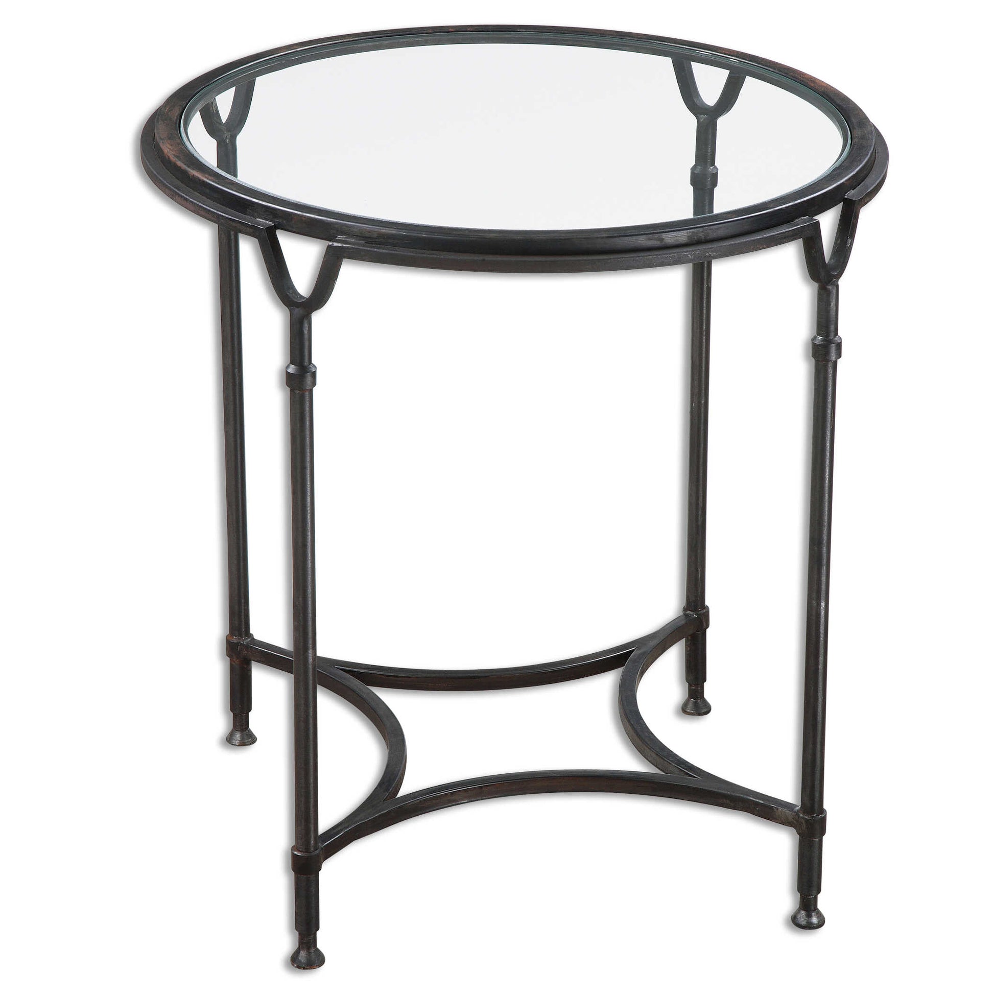 Featuring Equestrian Inspired Lines, This Hand Forged Steel Side Table Is Finished In Aged Black, With A Clear Tempered Glass Top.