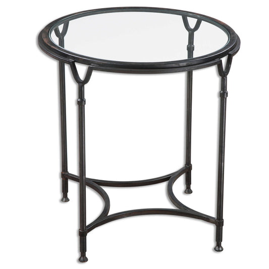Featuring Equestrian Inspired Lines, This Hand Forged Steel Side Table Is Finished In Aged Black, With A Clear Tempered Glass Top.