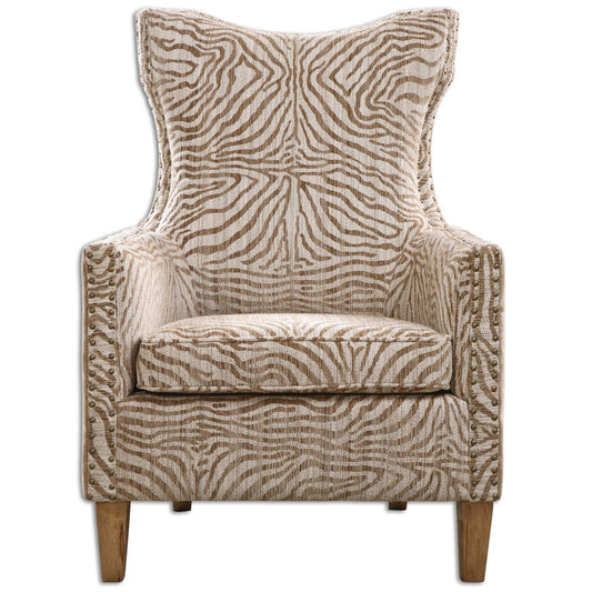 Styled With An Exotic High Back And Curved Rear Legs, This Chair Features Plush Stripes In Light, Airy Neutrals On The Seat, Surrounded By A Coordinating Solid On The Back. Double Row Nail Head Detail And Weathered Maple Wood Finish.