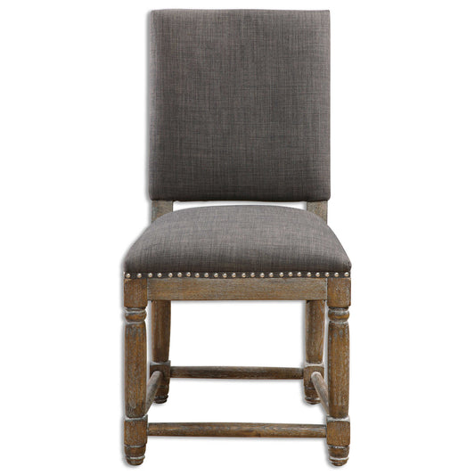 Weathered Gray Hardwood Base, Paired With Woven Polyester Seat And Back In Asphalt With Antique Brass Accent Nails.
