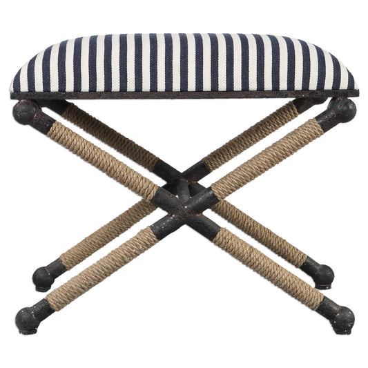 Rustic Iron Frame With A Nautical Touch, Wrapped In Natural Fiber Rope Accents. Cushioned Top Is A Sturdy, Sailor-striped Cotton In Crisp Navy And Cream.