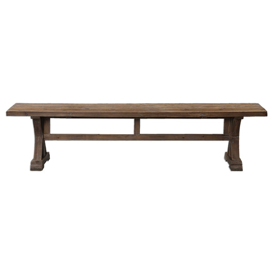 Solidly Constructed Of Salvaged Fir Lumber With A Carved Trestle Base. Sun Faded And Distressed Patina Is Finished With A Stony Gray Wash. Solid Wood Will Continue To Move With Temperature And Humidity Changes, Which Can Result In Small Cracks And Uneven Surfaces, Adding To Its Authenticity And Character.