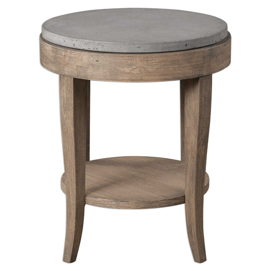 A Casual Farmhouse Inspired Side Table With Birch Wood Veneer, Finished In A Natural Brown Glaze With A Solid Poured Concrete Surface Top.