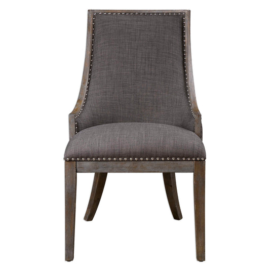 Curved Back Design In Warm Charcoal Gray Linen, Accented By Polished Nickel Nail Head Trim.  Honey-stained Frame Is Finished With Heavy Gray Wash.