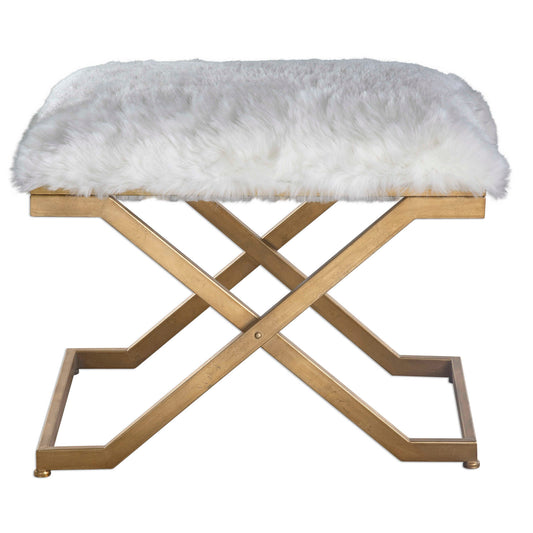 Plush Faux Fur In Soft White Atop Legs Of Thick Industrial Hand Forged Iron Finished In Antiqued Gold Leaf.