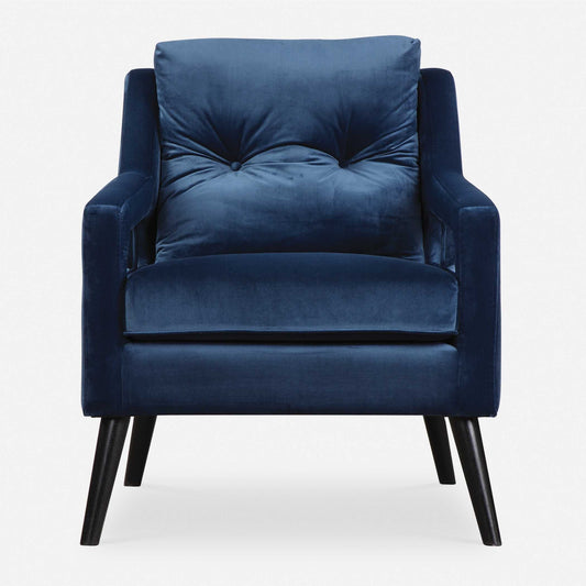 Open Arm Concept In Ink Blue Polyester Velvet, On Solid Birch Legs In Antique Black.