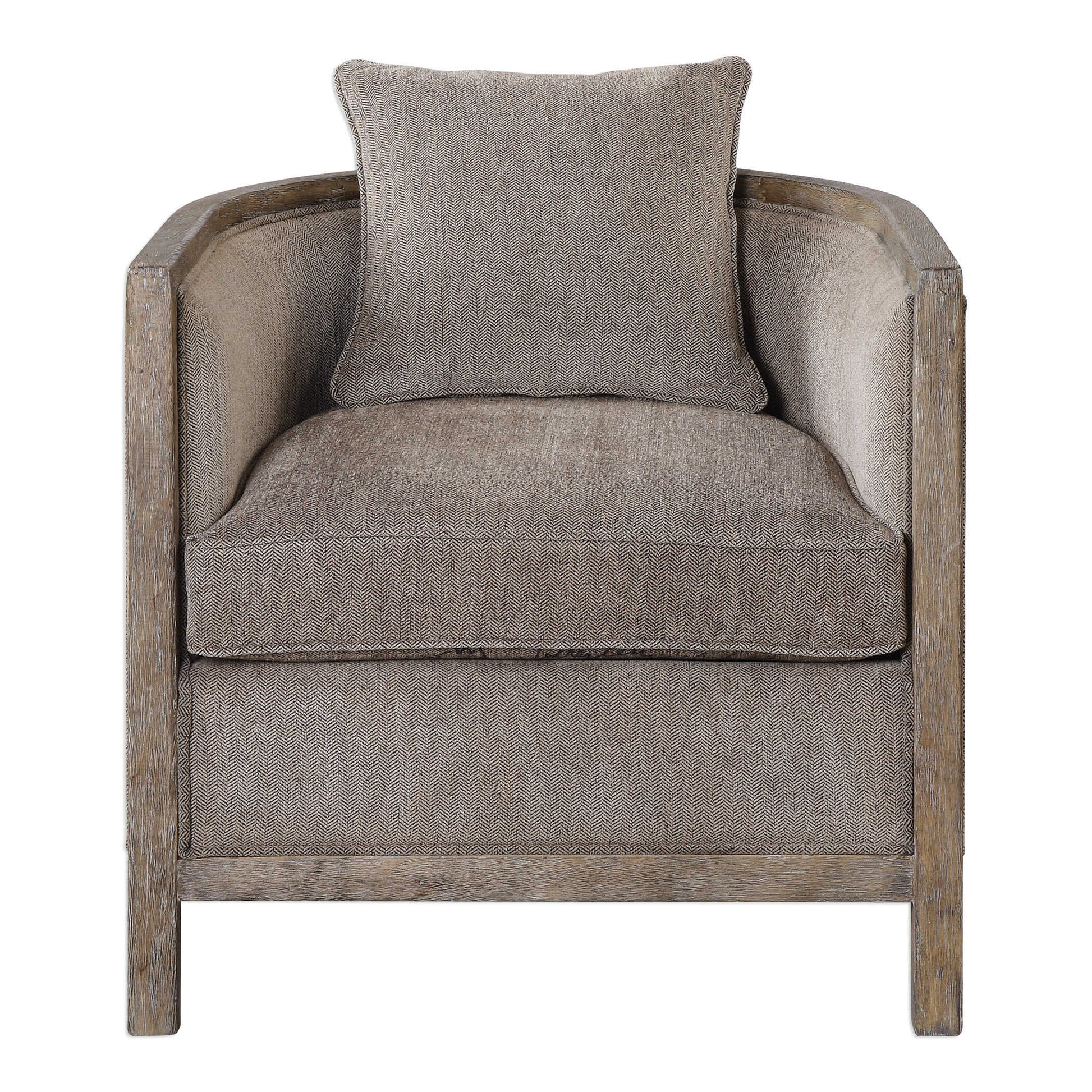 Versatile Tub Chair With A Wonderful 360 Degree View. The Softly Weathered Exposed Hardwood Frame Is Lightly Washed In Gray To Blend With The Shimmering Coffee Chenille Neutral Flaxen Fabric. Great To Float In Any Space.