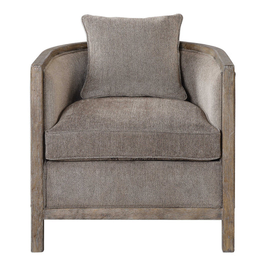 Versatile Tub Chair With A Wonderful 360 Degree View. The Softly Weathered Exposed Hardwood Frame Is Lightly Washed In Gray To Blend With The Shimmering Coffee Chenille Neutral Flaxen Fabric. Great To Float In Any Space.