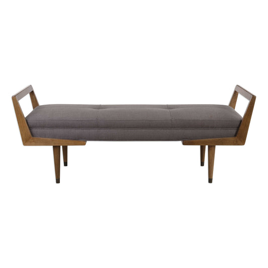 A Bench For Extra Seating With A Mid Century Twist In It's Modern Birch Wood Frame Lightly Finished In A Smooth Oak Finish, With A Tufted Bench Seat In A Woven Taupe-gray Fabric.