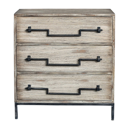 Constructed From Plantation-grown Mango Wood In An Aged Ivory Finish With Ember Highlights, Featuring Old Iron Drop Swing Bar Pulls, On An Industrial Iron Base.