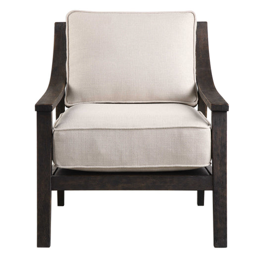A Casual Combination With A Modern Take, This Open Back Accent Chair Features A Dramatically Curved Rustic Hardwood Frame With Exposed Grain Under A Rich Walnut Finish. Welt Trimmed Comfortable Box Cushions Are A Neutral Beige Linen Blended Fabric.